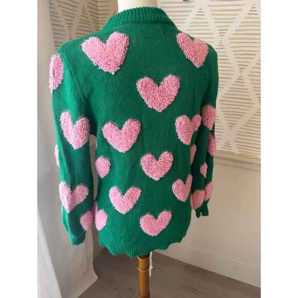 Pink Lily Women’s Small Green and Pink Heart Fuzzy Sweater - Picture 5 of 8